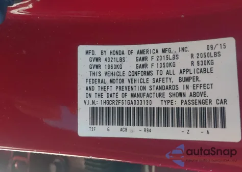 2016 Honda Accord Sport z USA, uszkodzony, nr VIN 1HGCR2F51GA033130